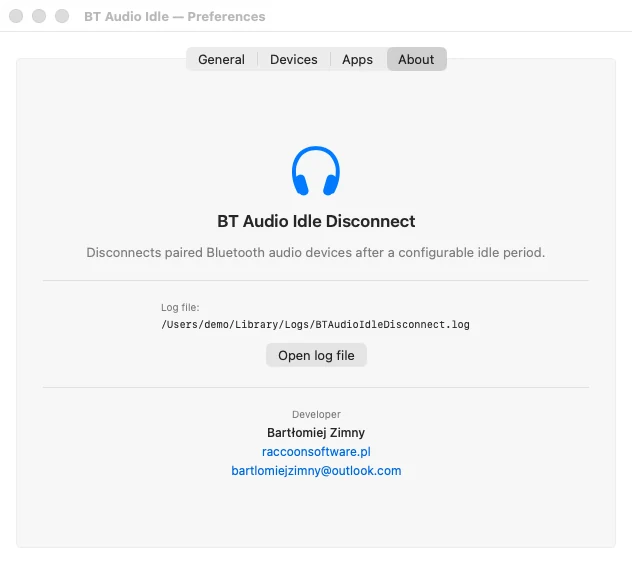 Karta About: nazwa BT Audio Idle Disconnect, ścieżka pliku dziennika z przyciskiem Open log file oraz dane autora