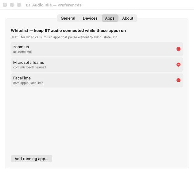 Karta Apps: lista wyjątków z aplikacjami zoom.us, Microsoft Teams i FaceTime oraz przycisk Add running app