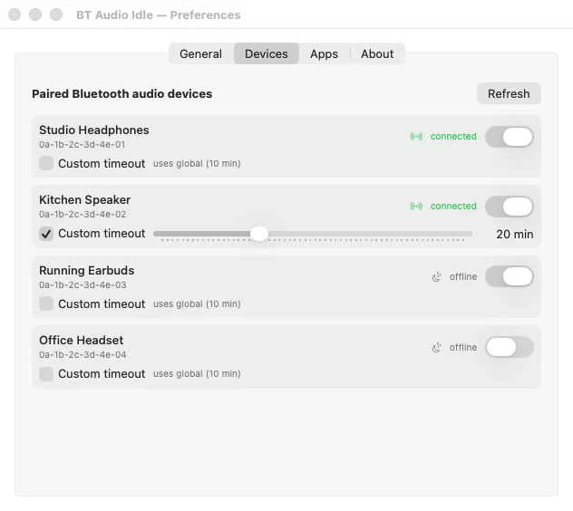 Karta Devices w ustawieniach BT Audio Idle: cztery sparowane urządzenia audio, każde z przełącznikiem monitorowania i opcją własnego czasu bezczynności