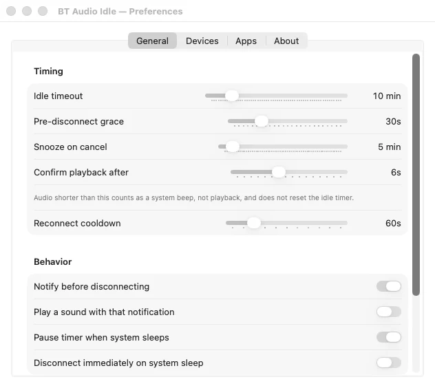 Karta General: suwaki Idle timeout 10 min, Pre-disconnect grace 30 s, Snooze on cancel 5 min, Confirm playback after 6 s, Reconnect cooldown 60 s oraz przełączniki powiadomień i uśpienia