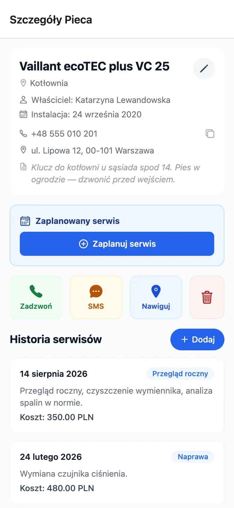 Szczegóły pieca z danymi właściciela i notatkami