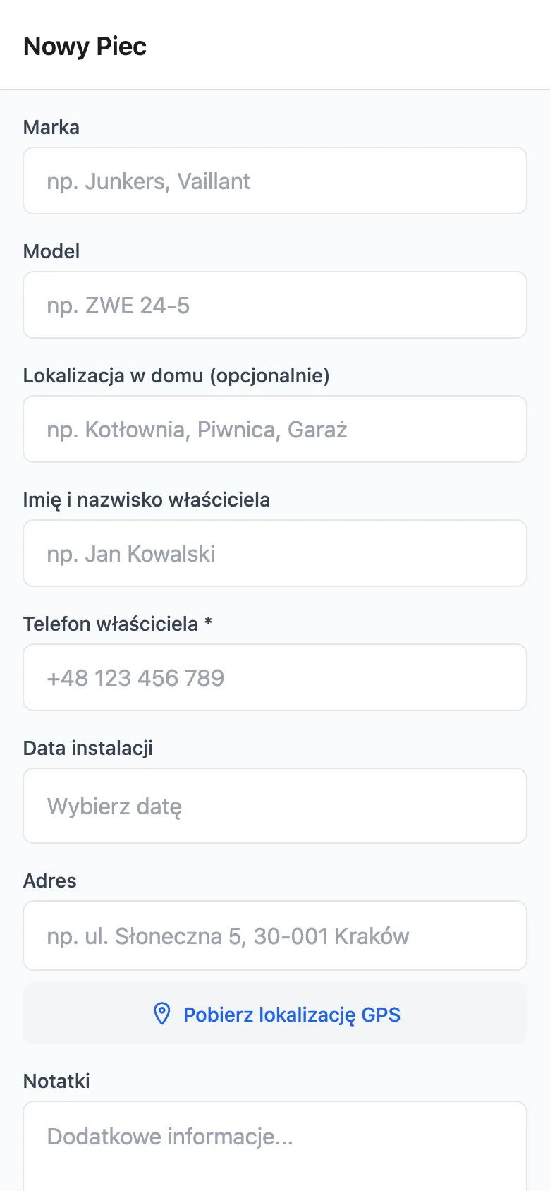 Formularz dodawania nowego pieca z polami marki, modelu, właściciela i telefonu