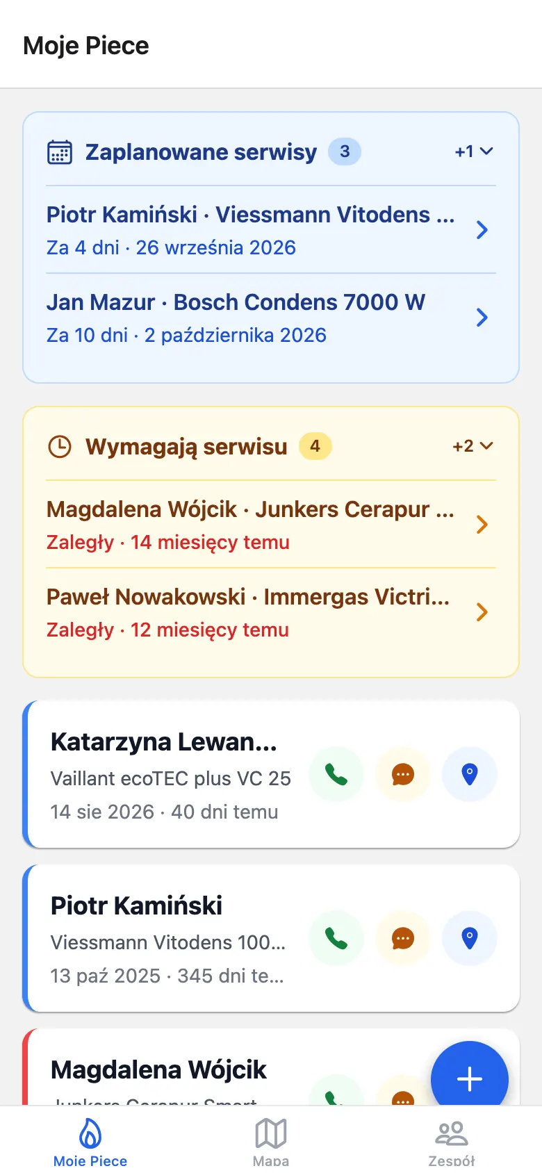 Ekran główny FurnaceLog: lista zaplanowanych serwisów, piece wymagające przeglądu i karty pieców z przyciskami telefonu, SMS i nawigacji