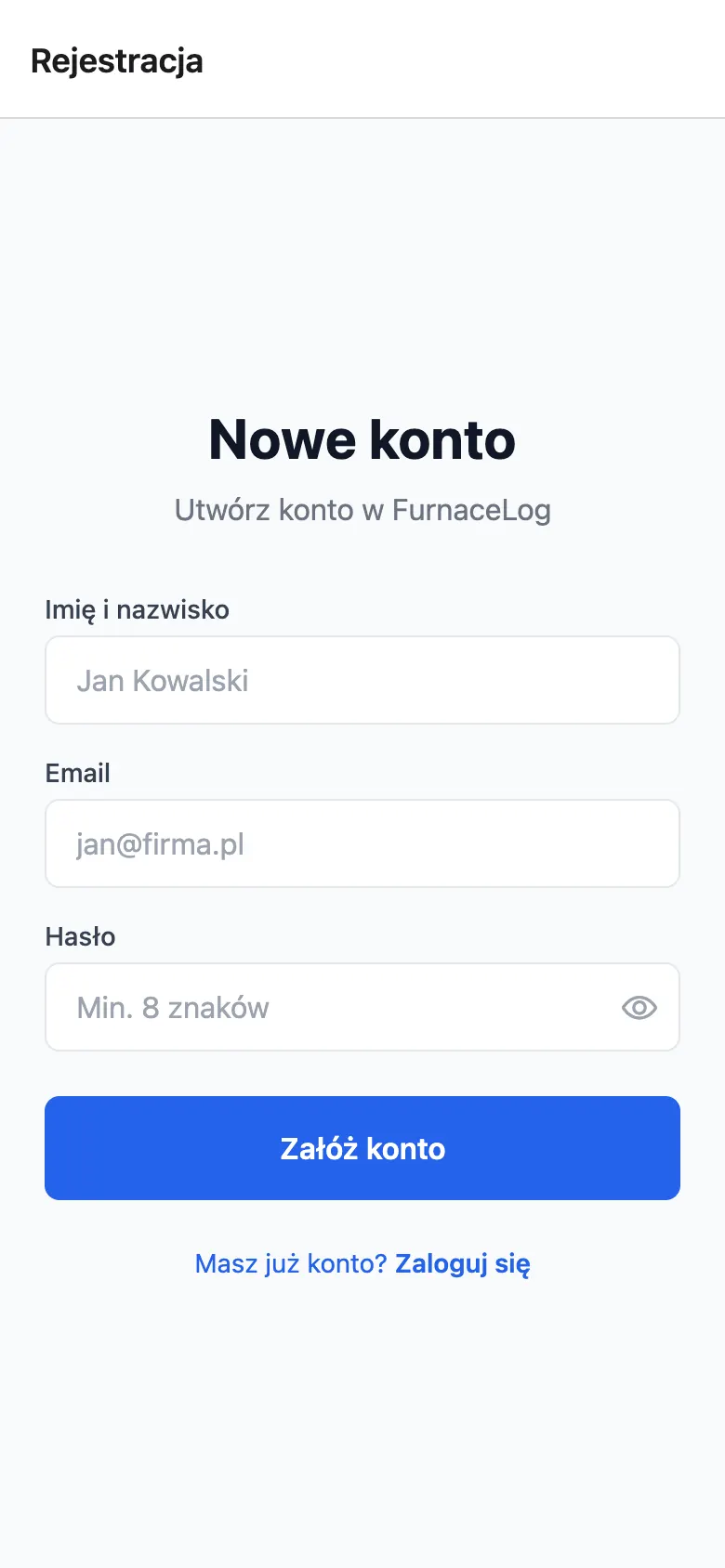 Ekran rejestracji nowego konta