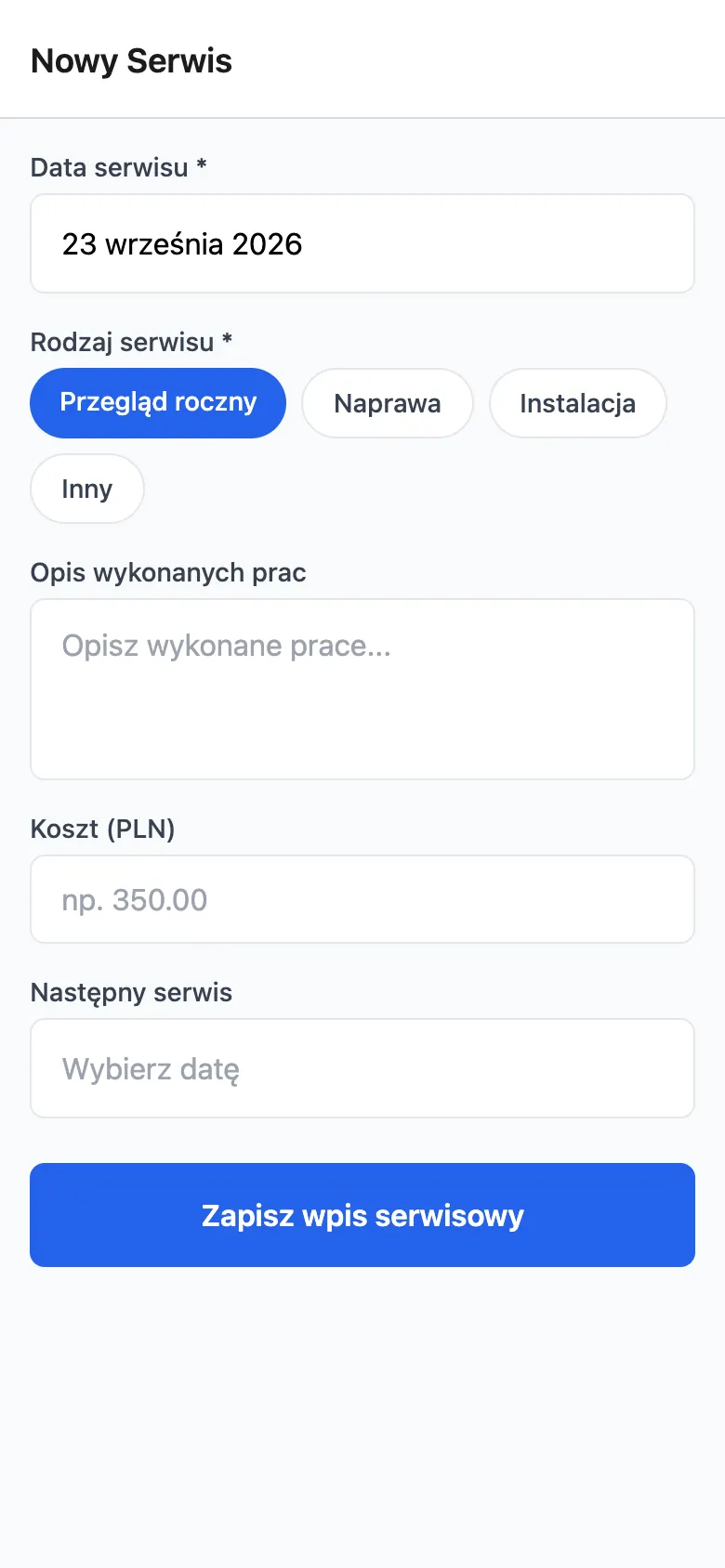 Formularz nowego wpisu serwisowego z wyborem rodzaju serwisu