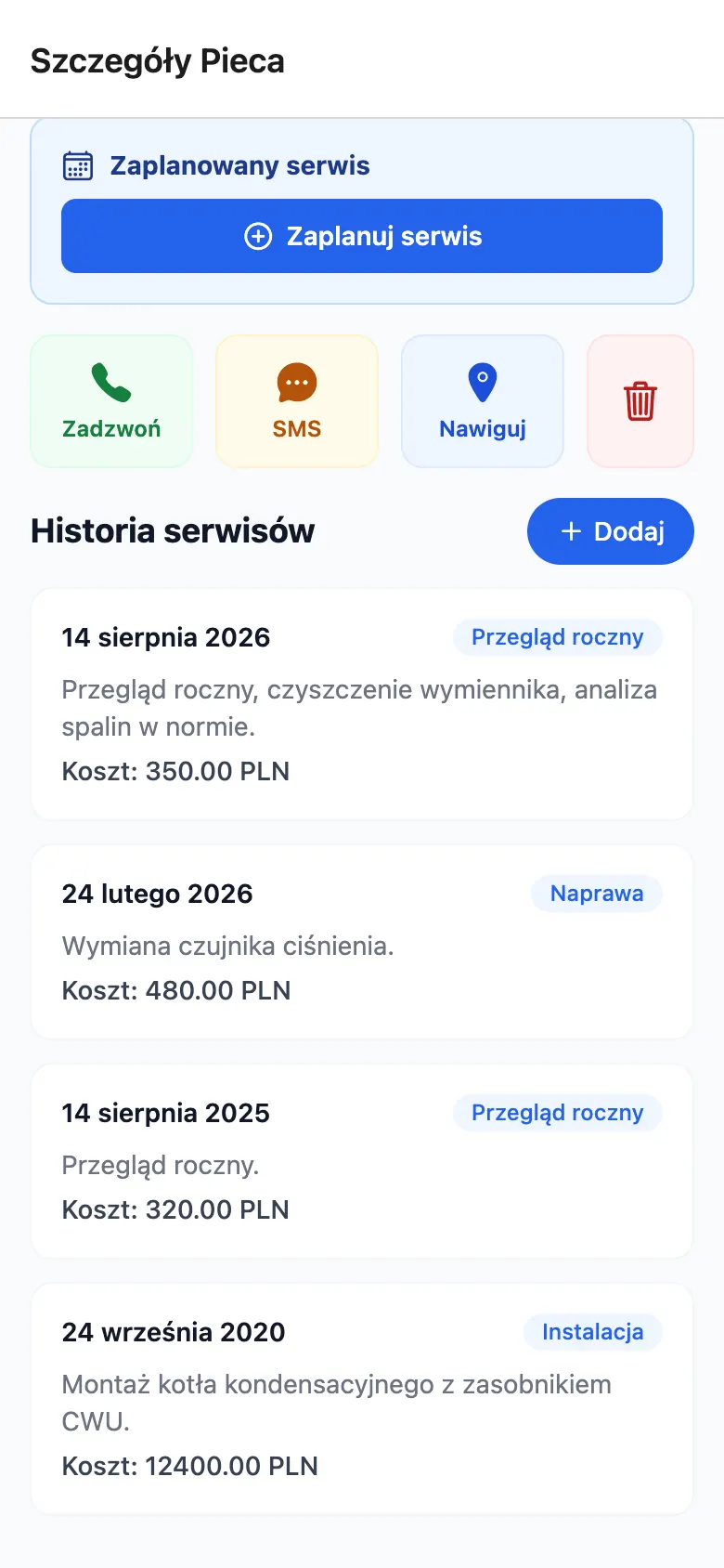 Historia serwisów pieca: przeglądy roczne, naprawa i instalacja z kosztami w PLN