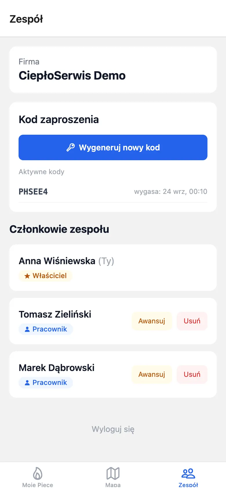 Ekran zespołu: nazwa firmy, aktywny kod zaproszenia i lista członków z rolami