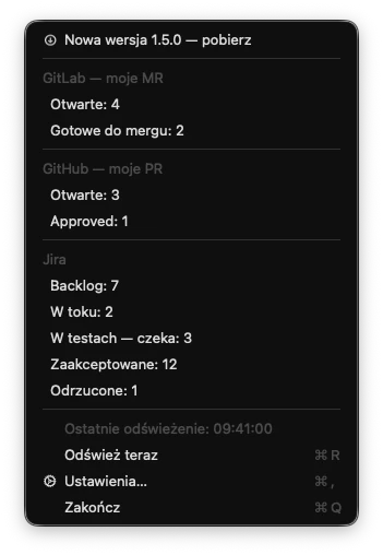 Menu z dodatkową pozycją na górze: „Nowa wersja 1.5.0 — pobierz” z ikoną strzałki w dół.