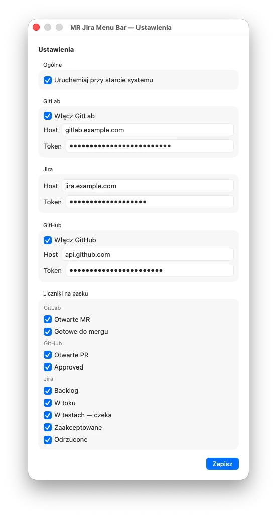 Okno ustawień z sekcjami Ogólne, GitLab, Jira, GitHub i Liczniki na pasku. Hosty gitlab.example.com i jira.example.com, tokeny ukryte.