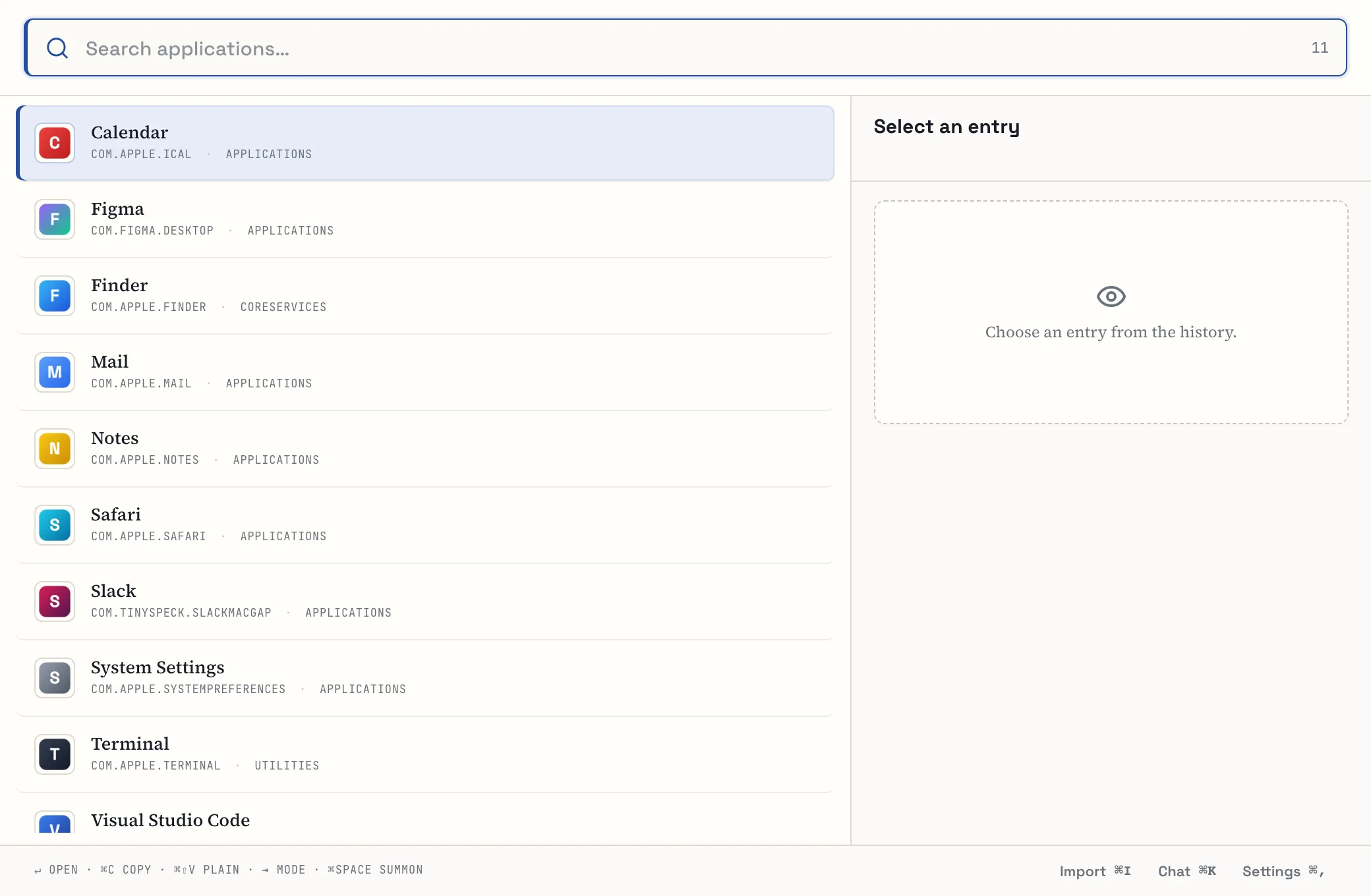 Lista aplikacji w Trove: Calendar, Figma, Finder, Mail, Notes, Safari, Slack i inne, każda z identyfikatorem pakietu i folderem.