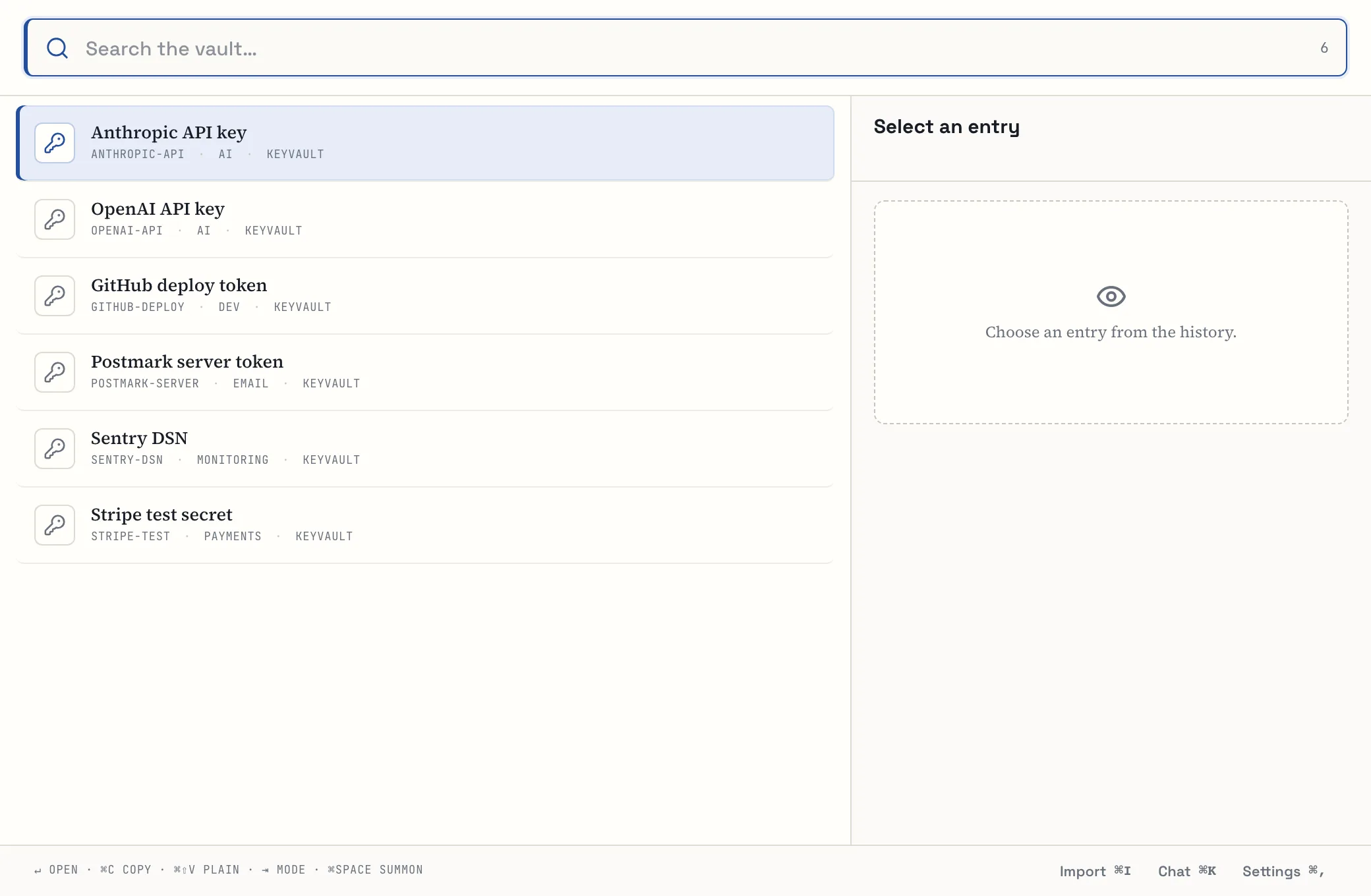 Kategoria Key vault z nazwami kluczy: Anthropic API key, OpenAI API key, GitHub deploy token i inne.